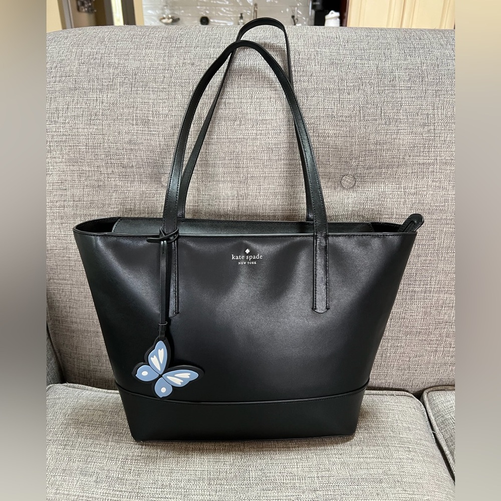 Kate Spade York Adley Genuine Leather Butterfly Hangtag Large Black Tote Bag